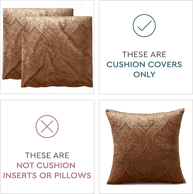 Encasa XO Luxury Embossed Velvet Throw Pillow Covers - Plush Cushion Covers for Elegant Living Rooms & Bedrooms, Machine Washable, 20"x20" Coffee | Set of 2 | Covers Only No Insert