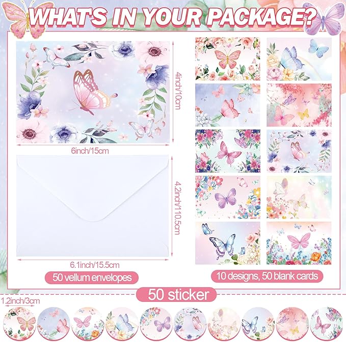 50 Pcs Blank Greeting Cards 4x6, Butterfly Design Blank Cards with Envelopes, 10 Designs, Ideal Stationary Set for All Occasions, Stationary with Matching White Envelopes and Stickers
