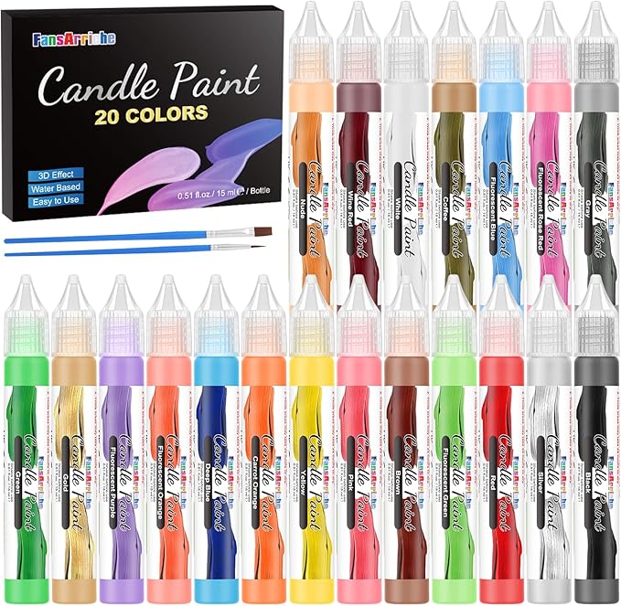 FansArriche Candle Paint, 20 x 15 ml Candle Wax Pen Set for Candle Making, Water-Based Candle Pen for Candle Painting and Decorating with Fine Painting Tip