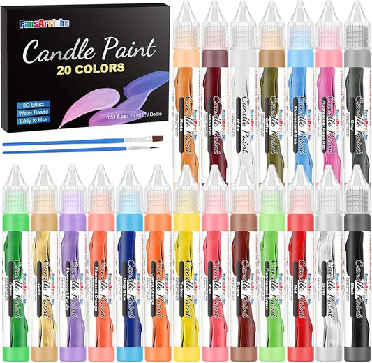 FansArriche Candle Paint, 20 x 15 ml Candle Wax Pen Set for Candle Making, Water-Based Candle Pen for Candle Painting and Decorating with Fine Painting Tip