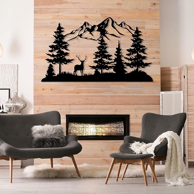 DecoSoul Mountain and Forest with Deer Metal Wall Decor, Hill and Trees Large Metal Wall Art, Nature and Forest Decor, Outdoor Lovers Gift, Home Decoration, Housewarming Gift for Living Room