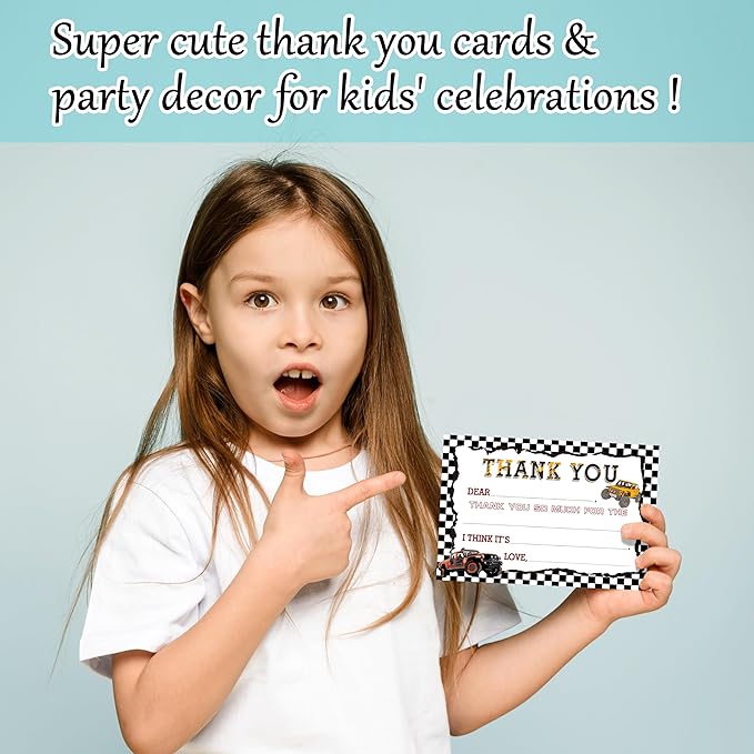 Truck Kids Thank You Cards, Racing Thank You Card For Birthday Party, Kids Birthday Cards Fill In The Blank, 20 Pack Black Greeting Cards With Envelopes For Boys And Girls, 013