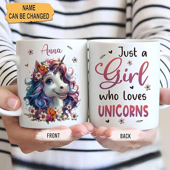 Hyturtle Personalized Unicorn Coffee Mug - Custom Name Ceramic Cup for Animal Lovers - Just A Girl Who Loves Unicorns - 11oz or 15oz