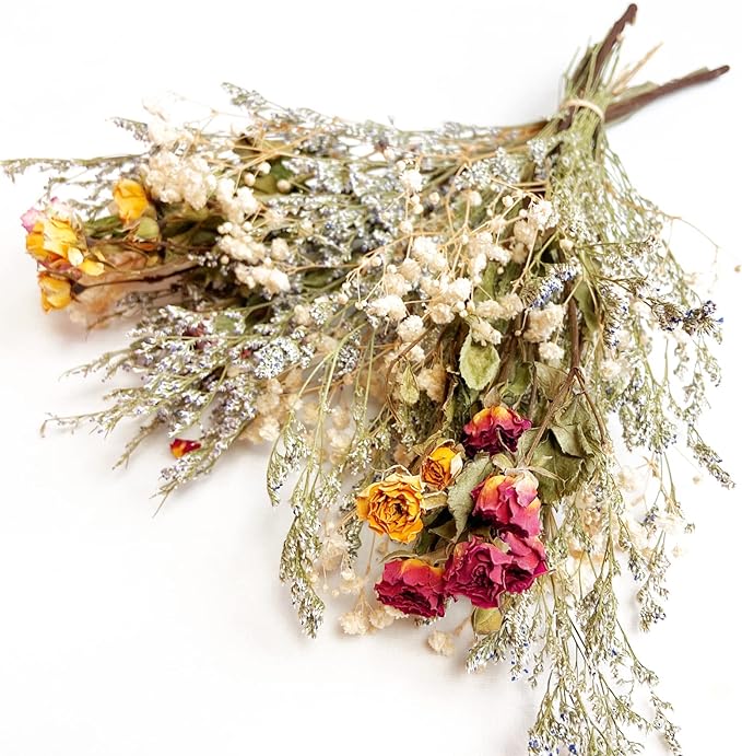 L'BREVOGA Dried Flower Spray Rose Bouquets, 2 Bunches 100% Natural Flowers, Miniature Roses with Baby’s Breath for Decoration Home Party (Spray Rose)