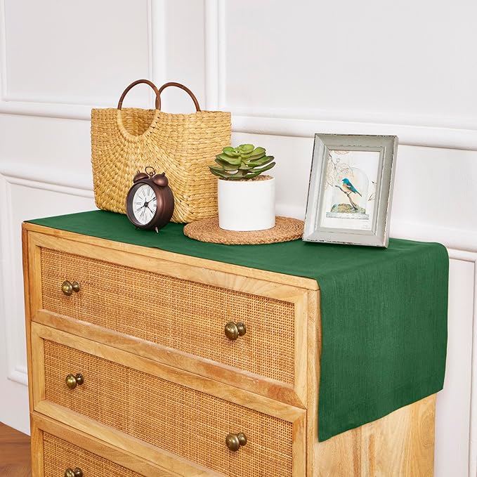 Solino Home Linen Table Runner 48 Inches - 100% Pure Linen Pine Green Table Runner 14 x 48 Inch Ideal for Dresser and Coffee Tables - St Patricks Day - Fete