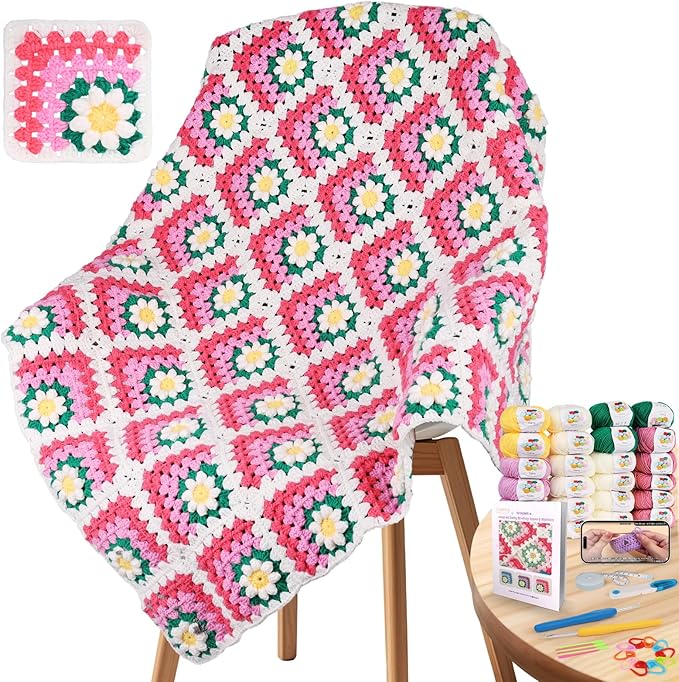 Coopay 3D Blanket Crochet Kit for Beginners, All-in-One Granny Square Blanket Kit with Step-by-Step Video & Enough Yarns - Master 3D Granny Square Crocheting Easily, Ideal Gift for Craft Lovers (Pink)