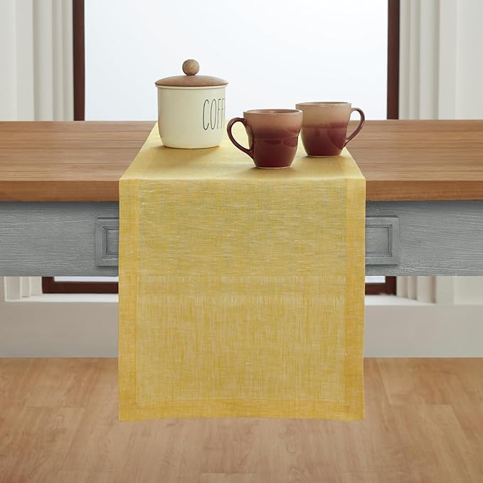 Solino Home Linen Table Runner 120 Inches Long - Athena, 100% Pure Linen Chambray Lemon Yellow 14 x 120 Inch Table Runner for Spring, Easter