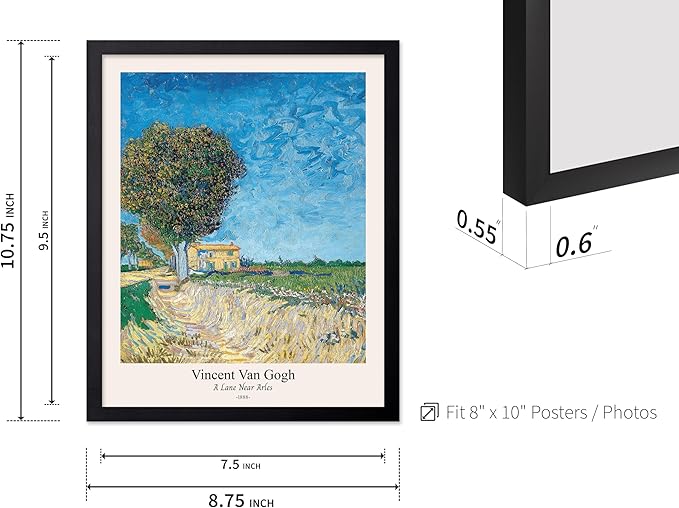 Monem Art Vintage Van Gogh Poster - Retro A Lane near Arles Print - Impressionism Art - Fine Art - Classic Painting Art - Landscape Art - Great Bedroom or Office Decor - 8x10 Black Framed
