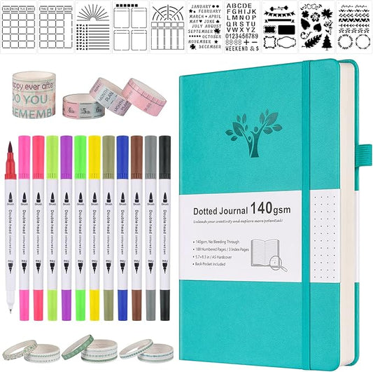 Bullet Dotted Journal Kit, 140gsm Hardcover A5 Dotted Journal with 188 Numbered Pages and 3 Index, 12 Brush Pens Dual Tip, 10 Stencils and 14 Washi Tape for Women Men Teen Girls, Teal