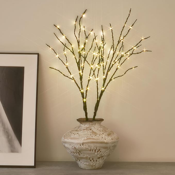 Hairui Lighted Mossy Branches Battery Operated with Timer 32IN 100 LED Fairy Lights, Willow Branch Lights for Home Bedroom Fireplace Christmas Holiday Decor (Vase Excluded)