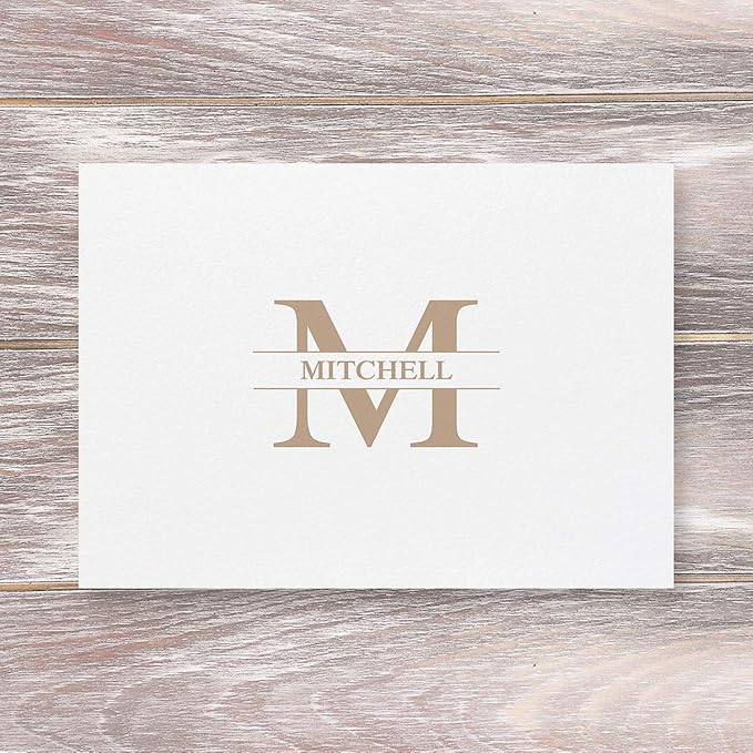 Personalized Tan Front & Center Initial Monogram Note Cards - 24 cards with envelopes, 4-1/4" x 5-1/2" blank inside, Add a Name, Thank you Card, Friendship Gift, Choose Color