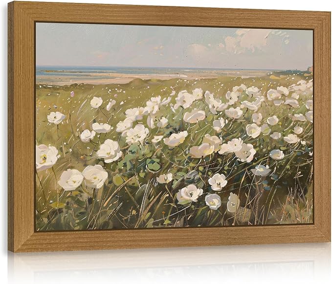 CAZLOUC Vintage Coastal Wall Art, White Wildflower Wall Decor, Rustic Farmhouse Landscape Canvas Painting, Nature Seaside Floral Poster Print for Bedroom Living Room Office Wood Framed 8x10 Inch