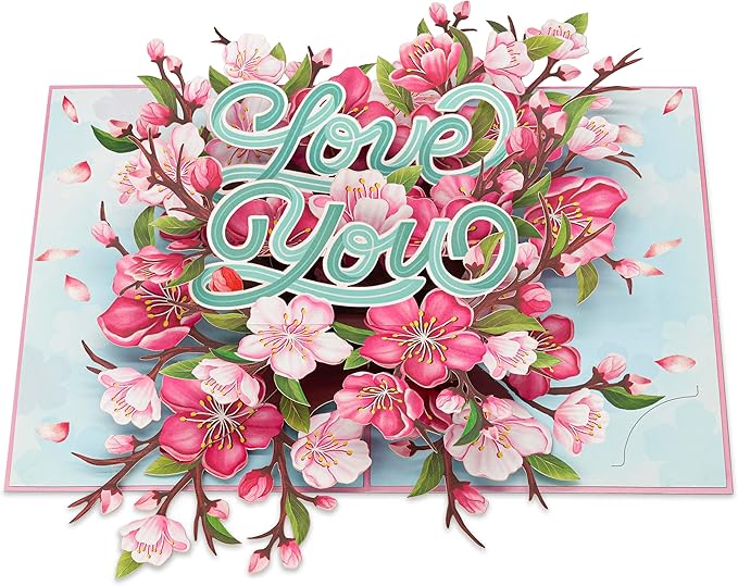 Floral Cherry Pop Up Cards, Love You, 3D Greeting Cards, Ideal Gifts for Birthday, Mothers Day, Valentines Day, Mom, Wife, Her, Girlfriend, Daughter, 5x7 - Includes Envelope And Message Note