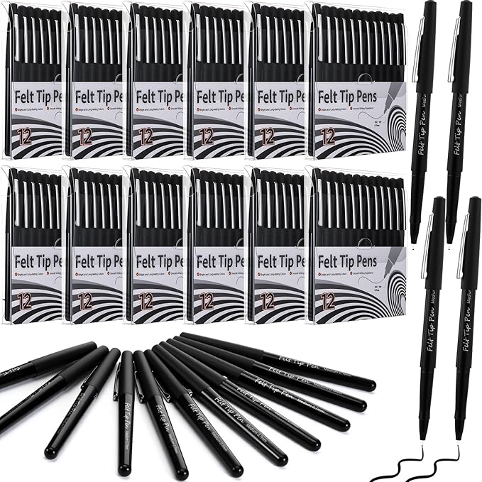 144 Pcs Black Felt Tip Pens 0.7mm Medium Point Pens Bulk, Felt Tip Markers for Journaling, Writing, Note Taking, Planner, Ideal for Office School Art Supplies Gift