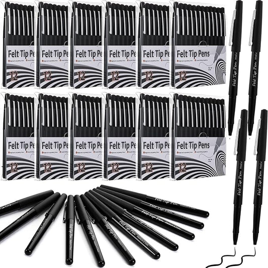 144 Pcs Black Felt Tip Pens 0.7mm Medium Point Pens Bulk, Felt Tip Markers for Journaling, Writing, Note Taking, Planner, Ideal for Office School Art Supplies Gift