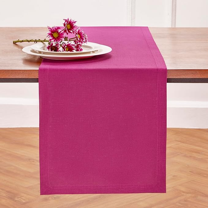 Solino Home Linen Table Runner 108 Inches Long - 100% Pure Linen Festive Fuchsia Table Runner 14 x 108 Inch for Valentines, Spring, Easter - Diana Medium Weight