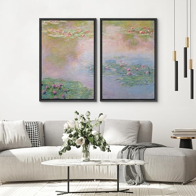 SIGNWIN Framed Canvas Print Wall Art Set Impressionist Water Lily Illustration Modern Art Minimalism Decorative for Living Room, Bedroom, Office - 16"x24"x2 Black