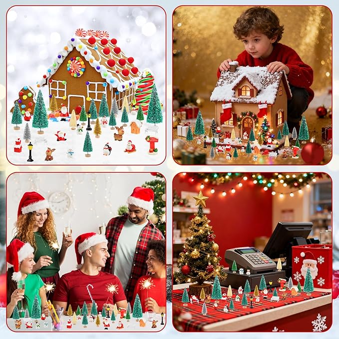 PLULON 35Pcs Christmas Ornament Figurines Mini Christmas Trees Snowman Santa Claus Xmas Village Accessories Bottle Brush Trees for Office Home Dollhouse Tabletop Winter Holiday Party Decorations