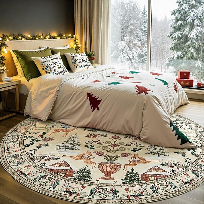 jinchan Round Christmas Rug for Dining Room 7ft Circle Holiday for Living Room Printed Christmas Tree and Cabin Rug 7'Soft Indoor Carpet for Bedroom Washable Non-Slip Winter Xmas Green on Beige