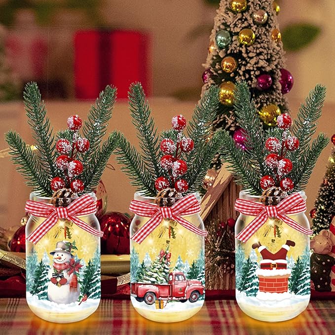 3 Pack Christmas Decorations Mason Jar with Lights for Christmas Table Centerpiece, Lighted Glass Bottles with Artificial Pine Picks Christmas Centerpieces Decor