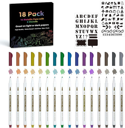 18 Pack Metallic Marker Pens, Lineon 16 Colors Fine Tip Paint Pens with 2 Stencils for DIY Craft Photo Album Rock Art Painting Card Making Glass Wood