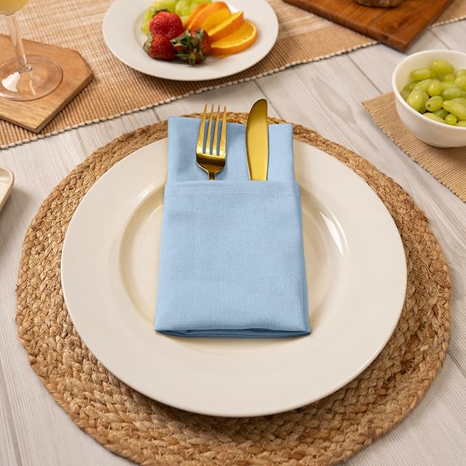 Blue Needles Solid Cloth Napkins Set of 6 Ice Blue 100% Cotton Dinner Napkins 18x18 inches - Soft, Reusable, Absorbent & Washable Linen, Ideal for Christmas Events, Parties & Everyday Use