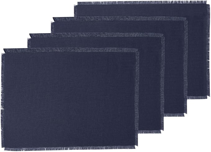 Solino Home Linen Navy Blue Placemats Set of 4-100% Pure Linen Placemats 14 x 19 Inch for Winter - Fringe