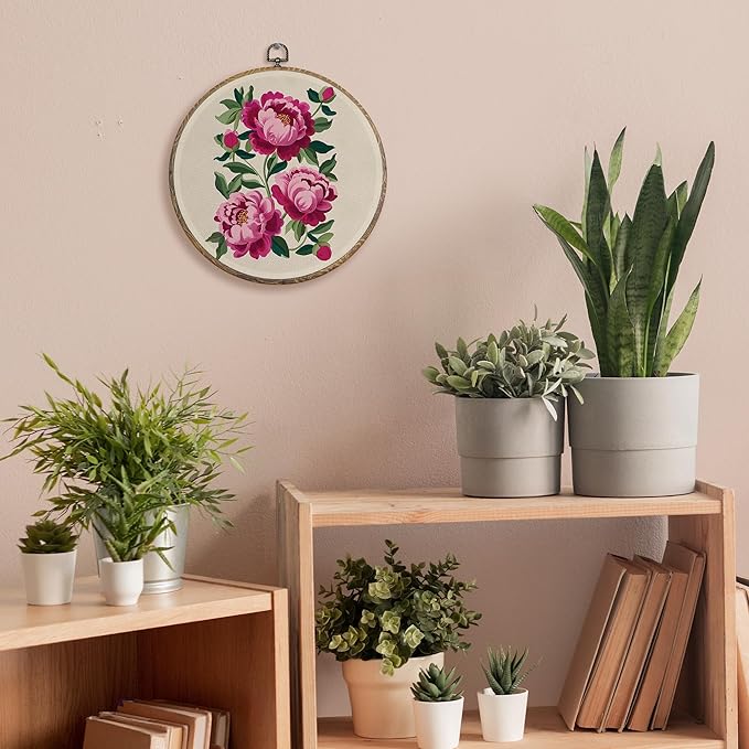 FUGWN Vintage Pink Peony Round Wall Art Decor Framed, Cottagecore Floral Canvas Artwork Prints, Retro Abstract Flower Botanical Wall Hanging Decorations for Home Bedroom Living Room, 10x10 Inch