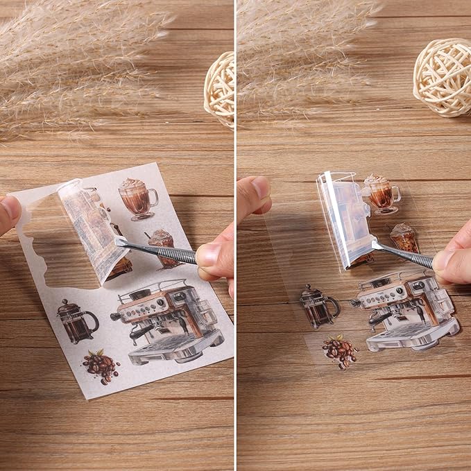 Coffee Scrapbook Stickers 36 Sheets 200 Pre-Cut Washi Stickers for Journaling PET Transparent Book Sticker 18 Sheets Scrapbook Paper Decorative or DIY Crafts Arts and Crafting Projects