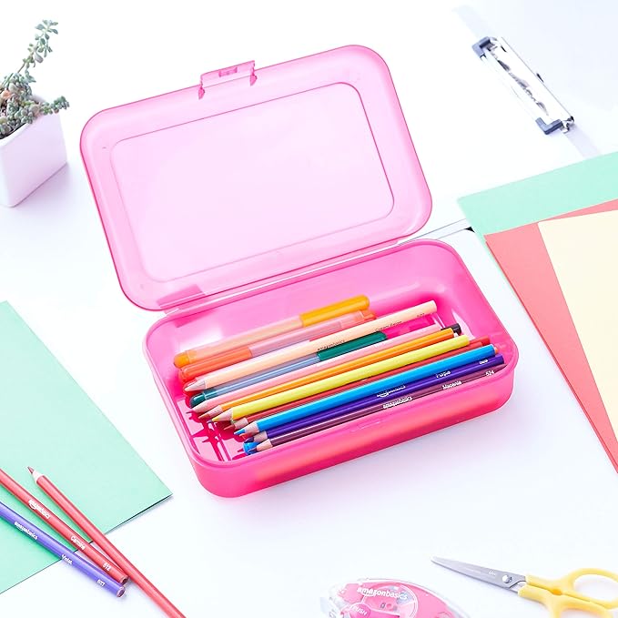 Amazon Basics Large Pencil Cases - Durable Plastic School Supply Pencil Box - Multi-Color Student Organization Cases for Office, College & Classroom Supplies (Pack of 48)