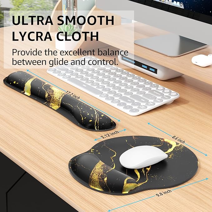 KTRIO Ergonomic Keyboard Wrist Rest, Memory Foam Mouse Pad with Wrist Rest for Computer Keyboard, Mouse Pad Set for Easy Typing & Pain Relief for Office & Home, Black Gold