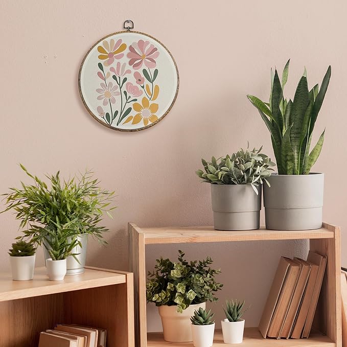 FUGWN Boho Floral Round Wall Art Decor Framed, Boho Abstract Minimalist Flower Canvas Artwork Prints, Neutral Flower Botanical Wall Hanging Decorations for Home Bedroom Living Room, 10x10 Inch