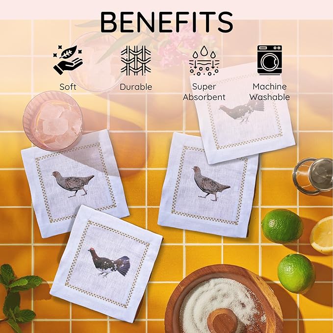 Cocktail Napkins Set of 6, 6x6 inch, 100% Linen, Printed Animal Pattern, Reusable & Washable Cloth Coasters for Beverages, Hosting, Gifting & Everyday Use (Pheasant & Ptarmigan)
