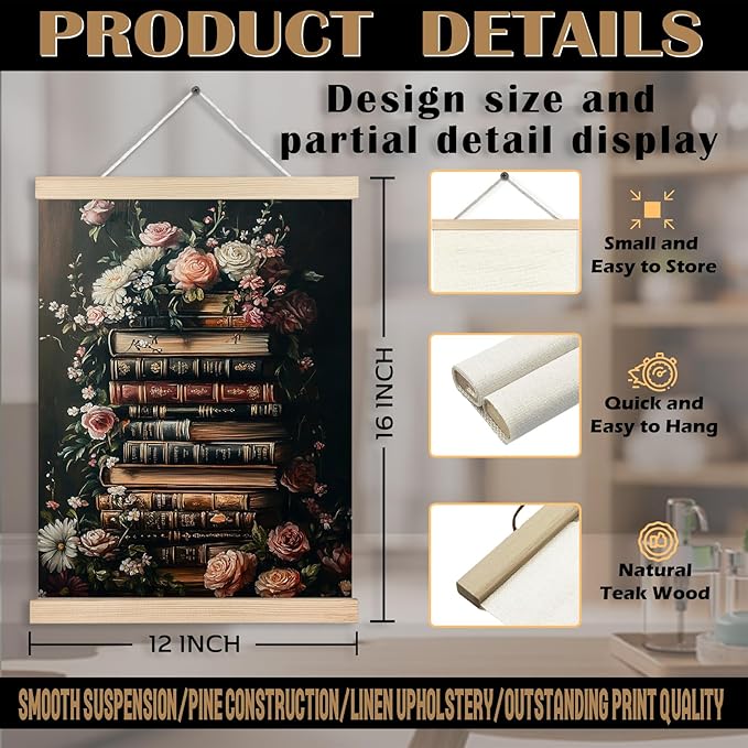 Vintage Floral Book Canvas Wall Art Poster, Reading Nook Corner Decor, Retro Moody Bookish Book Lover Wall Decor Prints for Library Reading Room Classroom Home, 12x16 Inches