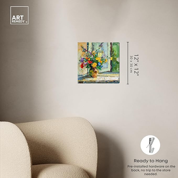 Art Remedy Vase By The Window Gallery Wrapped Impressionism 1 Piece Canvas Wall Art/Monet And Van Gogh Inspired Art, 12" x 12", Gallery Wrapped