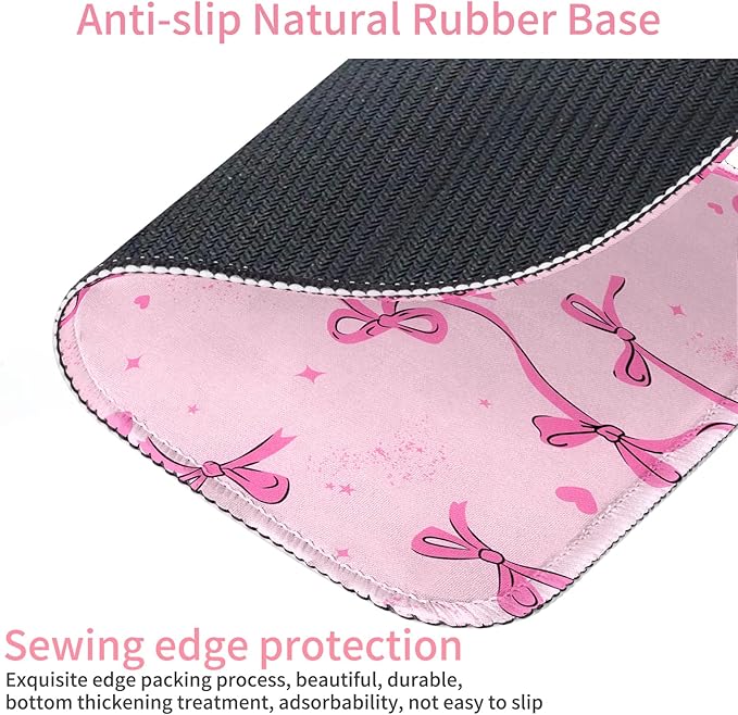 Seorsok Square Aesthetic Ribbon Bows&Shining Stars and Love Mouse Mat Premium Textured Mouse Pads for Office Laptop,Washable Square Mousepads with Extended Stitched Edges Non Slip Rubber Base,Pink