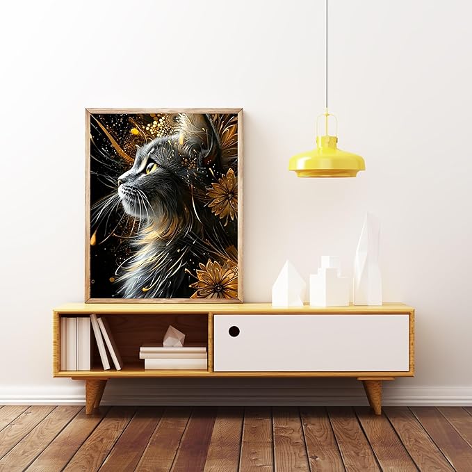 Black Cat Diamond Art Kits for Adults, 5D Diamond Painting for Adult Beginners, DIY Full Drill Round Gem Painting Dot Art for Adults, Home Wall Decor 11.8x15.7 Inch