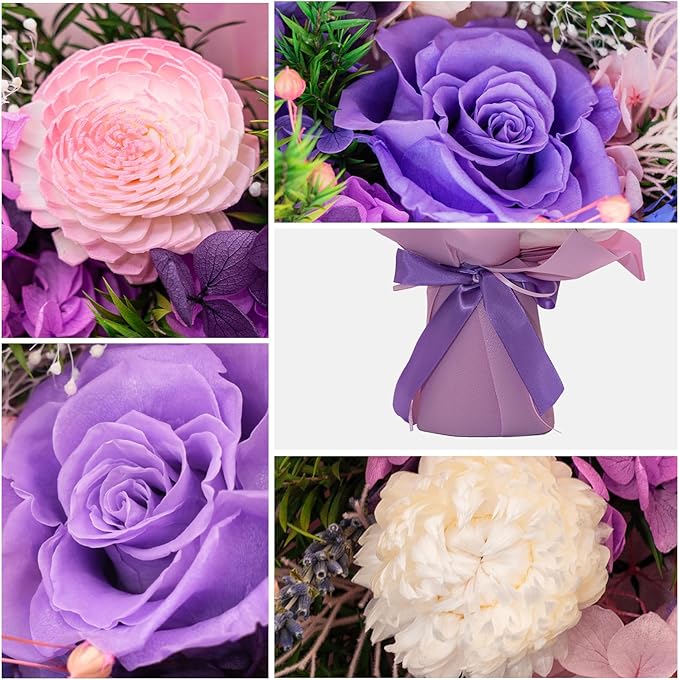 HUACHIPLUS Natural Eternal Flowers Gift: Preserved Flowers Bouquet, Anniversary, Birthday, Mom Gifts for her-Flowers for Delivery Prime-Purple Forever Christmas flower arrangement (Lilac)