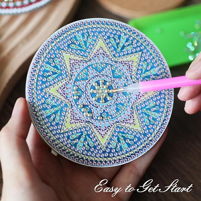 Temlum 6 Pcs Diamond Painting Coasters with Holder, Mandala Diamond Art Coasters Kits for Beginners, Adults Small Diamond Painting Kit Art Craft Supplies