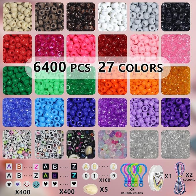 LIS HEGENSA Pony Beads Bulk,Kandi Beads for Necklace Jewelry Making Hair Braiding,Bracelets Making Kits,Hair Bead,Bracelet Beads,Plastic Beads for Crafts Braids Girls (27 Color,6400PCS)