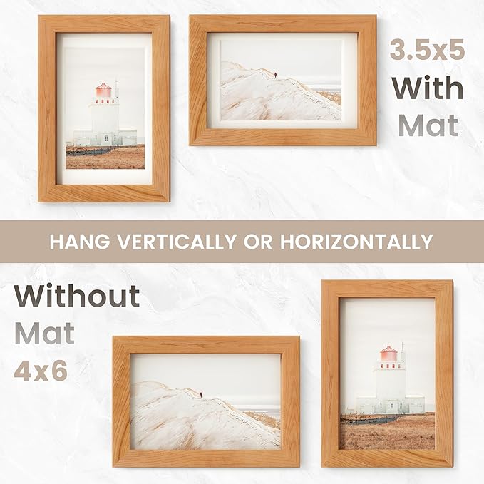 4x6 Picture Frame, USA-Sourced Natural Cherry Wood Photo Collage Frame with HD Tempered Glass, Modern Simple 4 x 6 Wooden Frame Matted to 3.5x5, Gallery Wall Frames for Art, Wall or Tabletop Display