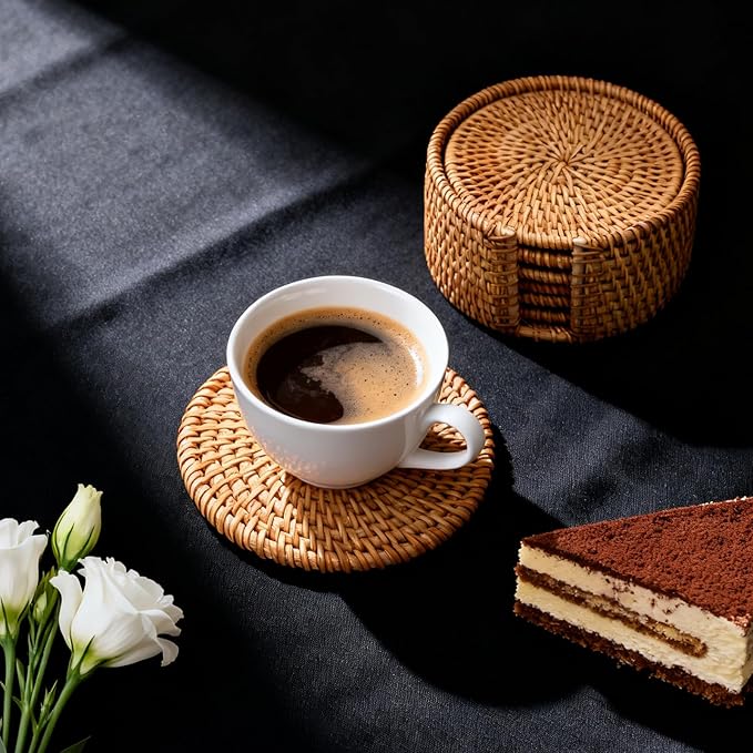 Handmade Rattan Coasters Set of 6 with Holder - Woven Aesthetic Drink Coasters for Table & Desk, Natural Boho Farmhouse Rustic Coffee Cup Pads, Home Bar Patio Table Outdoor Decor (Round)