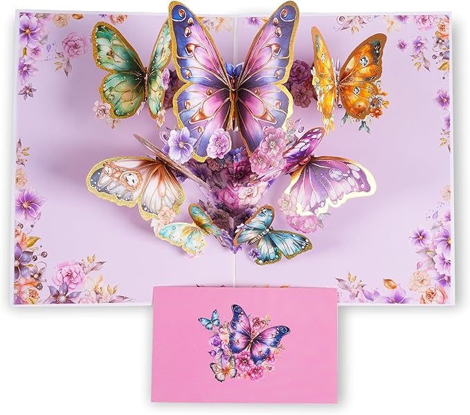 3D Bouquet Butterflys Purple Pop Up Thank you Card, Teacher Appreciation Card, Handmade Flowers Box Greeting Cards with Note and Envelope for New Year Anniversary