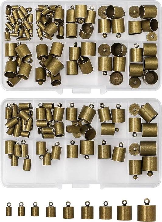 Mandala Crafts Antique Brass Leather Cord End Caps for Jewelry Making, Tassel Caps, 4mm to 12mm 160 PCs Cylinder Cord Ends, Kumihimo Supplies and Jewelry Findings