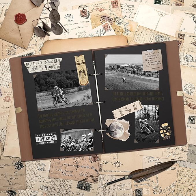 Vienrose Photo Album Scrapbook Kit, 3 Ring Faux Leather Cover DIY Memory Book Kraft Paper with 30 Sheets 60 Pages, Vintage Scrapbooking Supplies Set for Wedding, Anniversary, Family, Gifts, Black