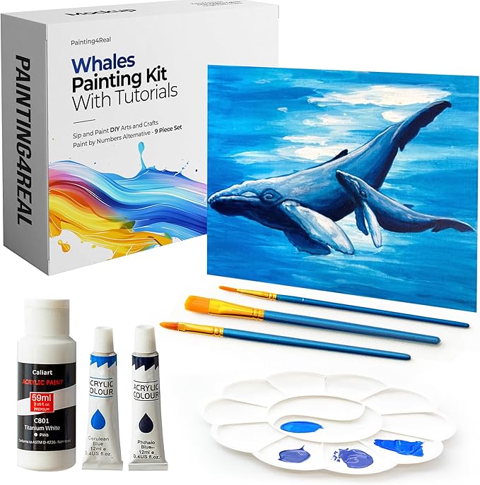 DIY Painting Class Kit for Adults with Video Tutorials: Learn to Paint Whales – How to Paint with Acrylics – Painting & Art Supplies – 9 Piece Acrylic Paint Set