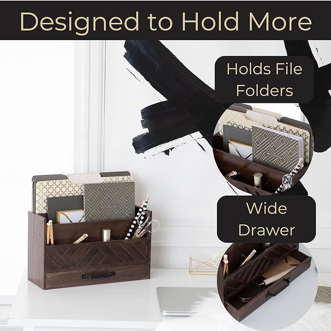 BLU MONACO Mail Organizer for Desk – Brown Wooden Mail Sorter with Drawer and 6 Compartments – Rustic Letter Organizer with Black Handle – Desktop File Holder for Home Office, Entryway, or Kitchen