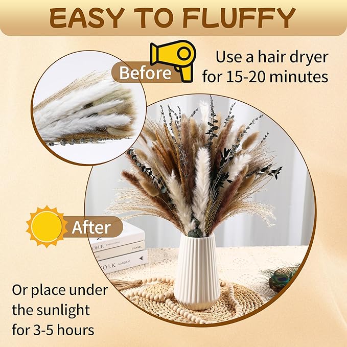 Bpole Dried Pampas Grass Bouquet - 92 PCS Pampas Grass Decor with Bunny Tails,Eucalyptus & Lavender Dried Boho Flowers for Vase Wedding Home Table Decor,Rustic Farmhouse Party