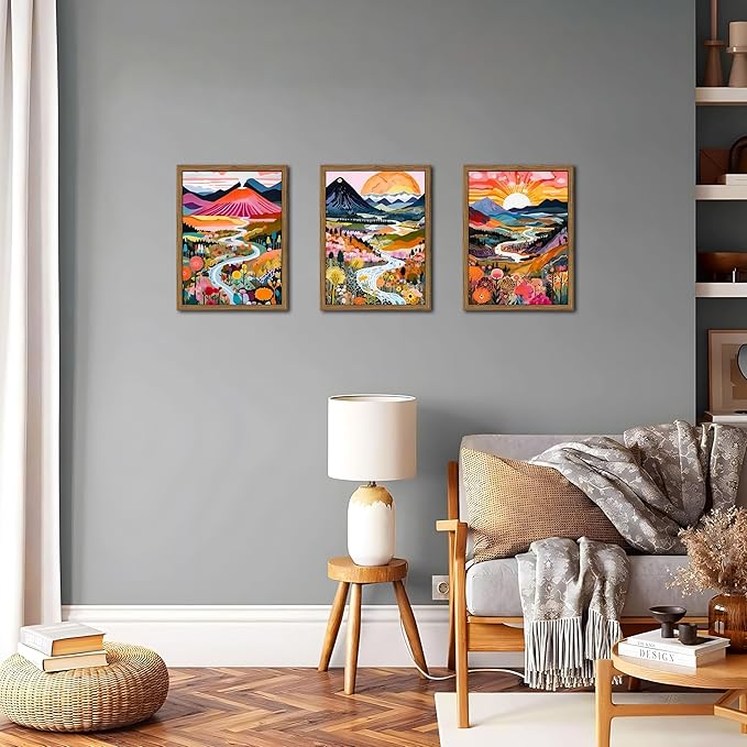 Wood Frame Boho Colorful Wall Art, Set of 3 Abstract Watercolor Mountain Landscape Wall Decor Painting, Modern Flower Aesthetic Posters Prints for Living Room Bathroom Bedroom 12x16In Framed
