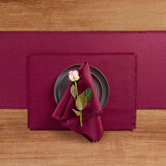 Solino Home Beet Linen Napkins Set of 4-100% Pure Linen Fringe Dinner Napkins 20 x 20 Inch for Valentines, Winter